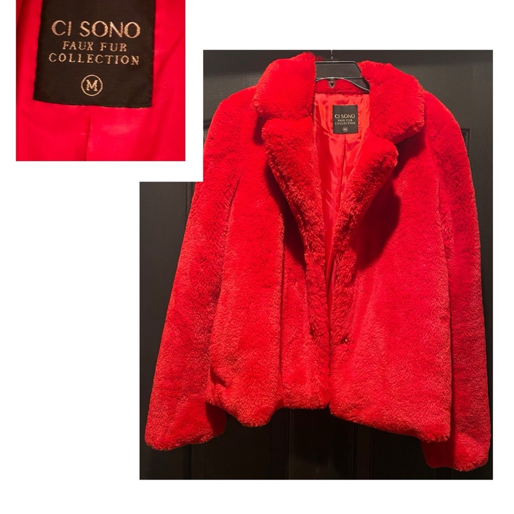 Women’s sz MEDIUIM Ci Sono Red Teddy Jacket Plush Faux Fur